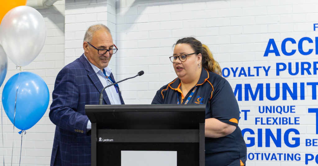 Clean Force employee, Amy, giving a speech at Clean Force Heidelberg's launch event